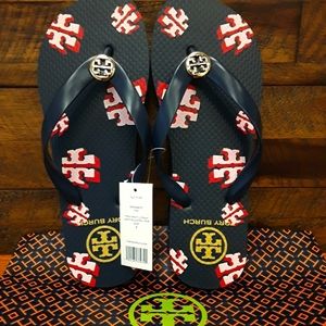 Tory Burch Crazy Logo Allover Thin Flip Flops